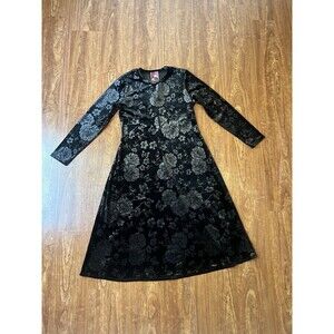 Johnny Was Embossed Stretch Black Velvet Dress Women's L Floral Butterfly NWT